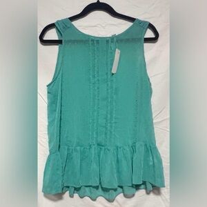 NWT Elle Green Ruffled Peplum Tank Top Zipper Back Flowy Sheer Feminine Vacation